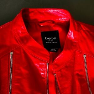 Bebe Red Leather Jacket with High Collar and Silver Zippers